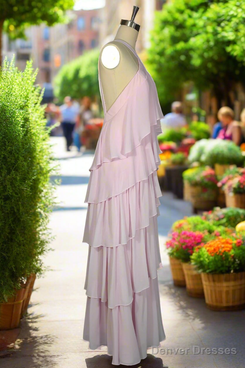 Pink Bridesmaid Dresses A Line Straps Tiered Chiffon Floor Length Long – Denver Dresses