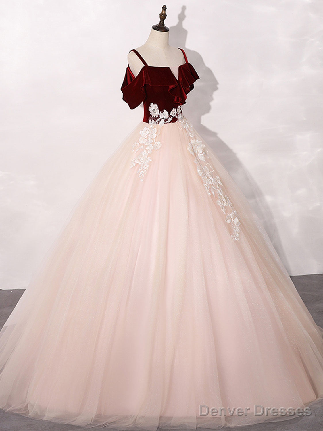 Pink/Burgundy Tulle Long Prom Dresses, A-Line Formal Sweet 16 Dress with Lace Secondary image