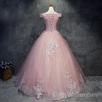 Pink Cap Sleeves Ball Gown Tulle With Lace Sweet 16 Prom Dress, Long Quinceanera Dress
