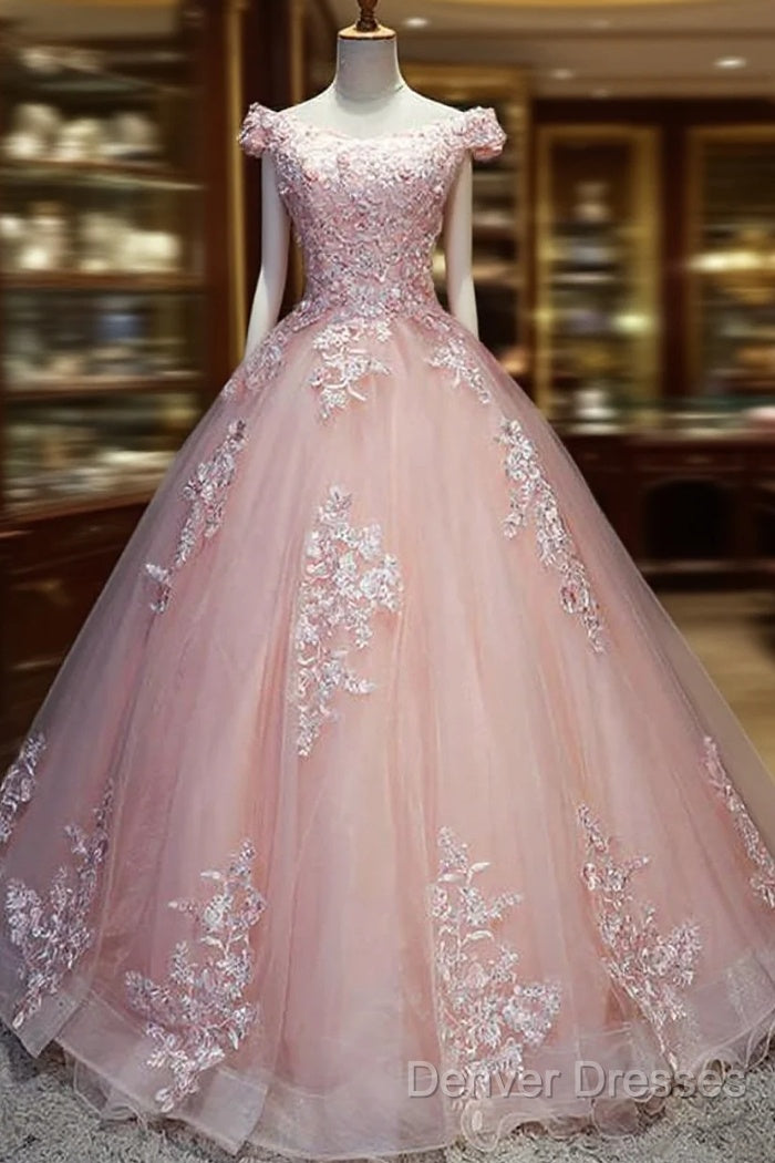 Pink Cap Sleeves Ball Gown Tulle With Lace Sweet 16 Prom Dress, Long Quinceanera Dress