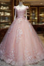 Pink Cap Sleeves Ball Gown Tulle With Lace Sweet 16 Prom Dress, Long Quinceanera Dress