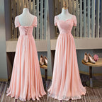 Pink Chiffon Cap Sleeves Long Bridesmaid Dress, Floor Length Pink Party Dress