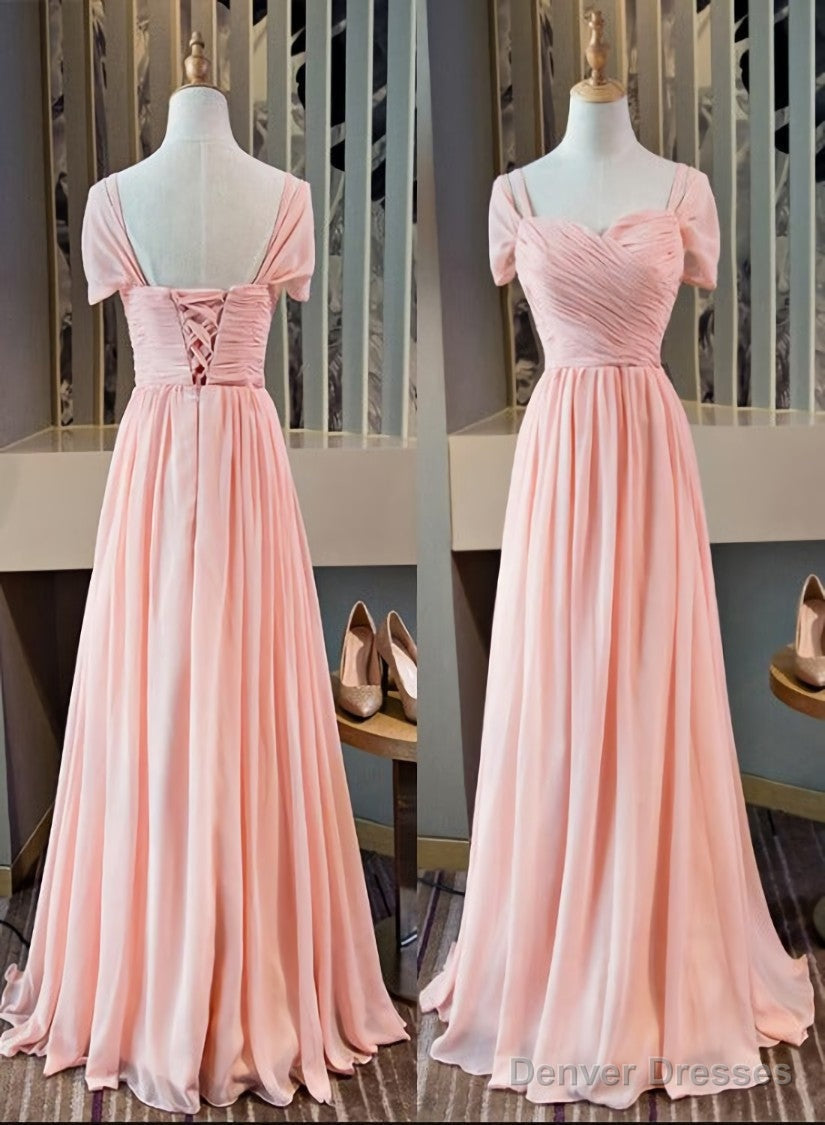 Pink Chiffon Cap Sleeves Long Bridesmaid Dress, Floor Length Pink Party Dress Secondary image