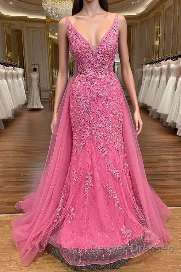 Pink Corset Prom Dress Elegnat A Line Deep V Neck Party Evening Dress with Appliques Main image