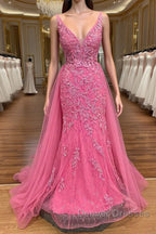 Pink Corset Prom Dress Elegnat A Line Deep V Neck Party Evening Dress with Appliques