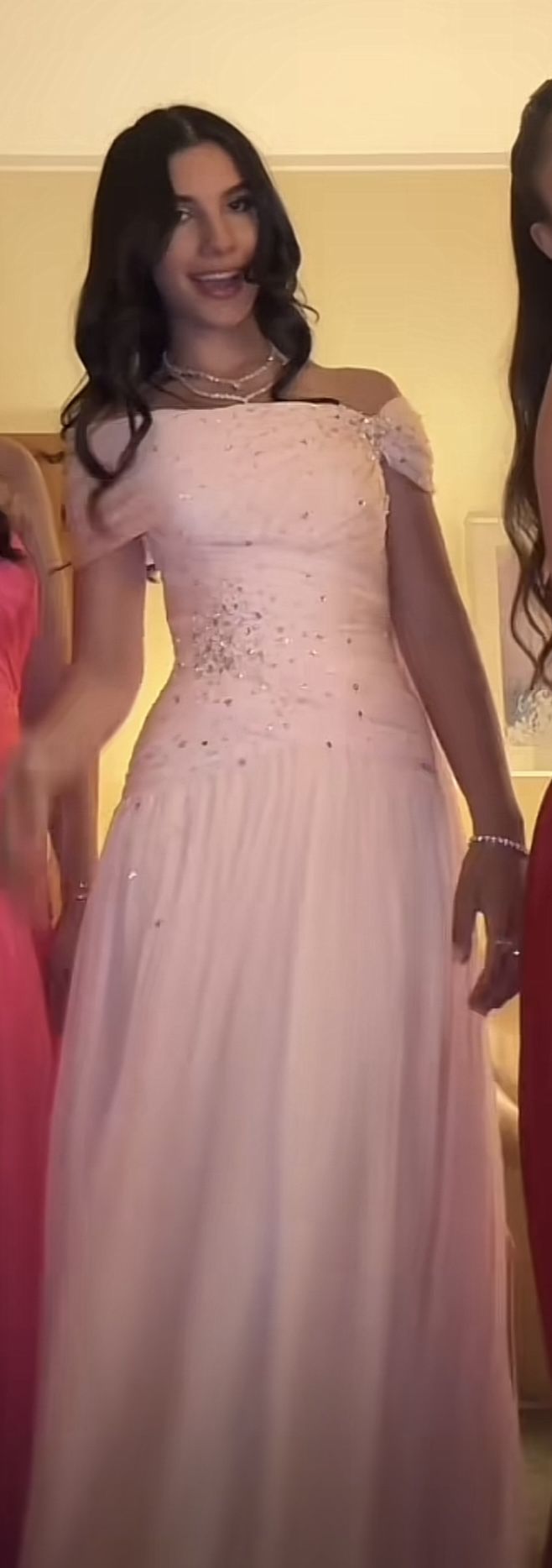 Pink Elegant A Line Off The Shoulder Beaded Chiffon Long Evening Dress Prom Dress Secondary image