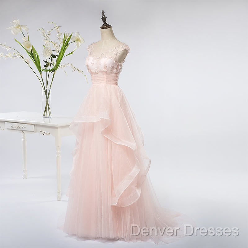 Pink Elegant Tulle A-Line Floor Length Wedding Party Dress, Light Pink Gown