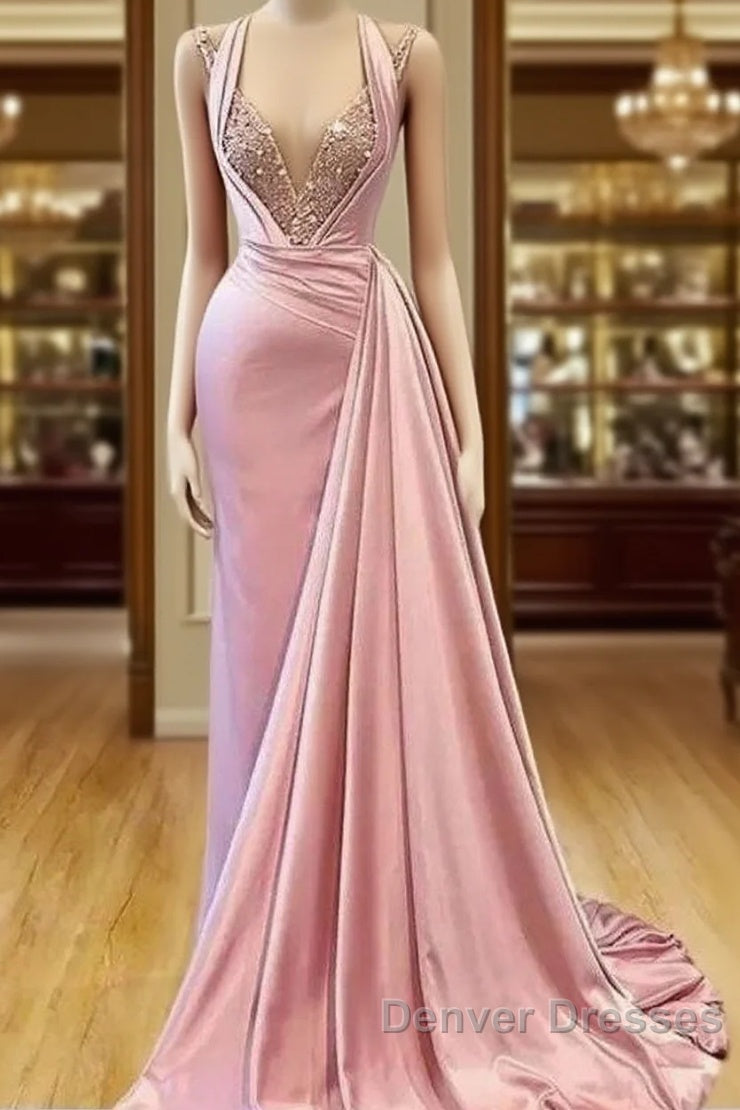 Pink Evening Dress A-Line V-Neck Floor Length Sequins Long Turkey Dubai Saudi Arabic Evening Gown Prom Dress Main image