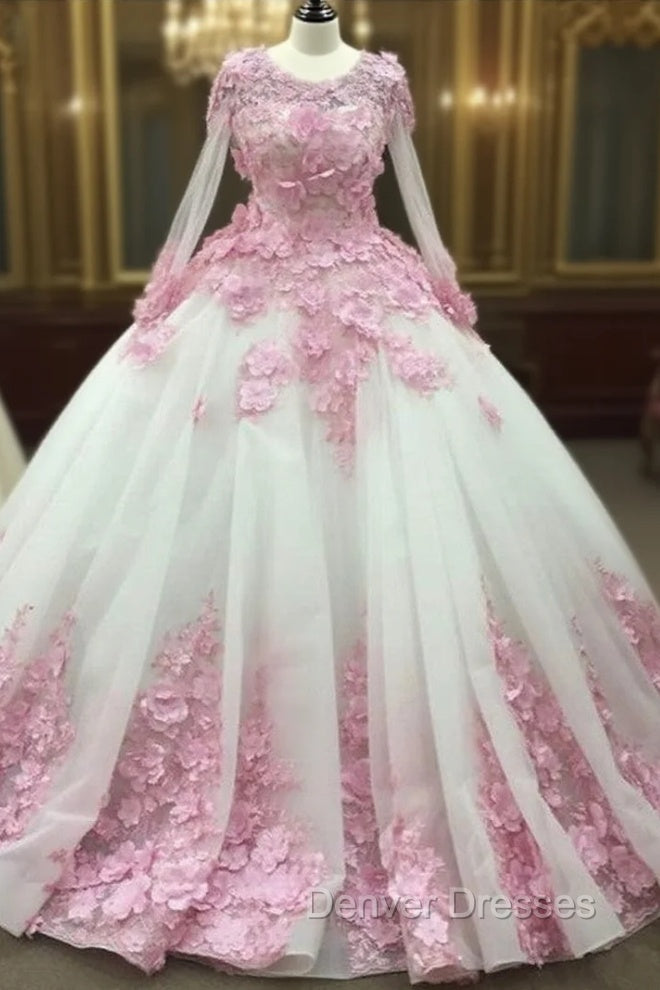 Pink Floral Flowers Long Sleeves Organza Wedding Dress Ball Gowns Main image