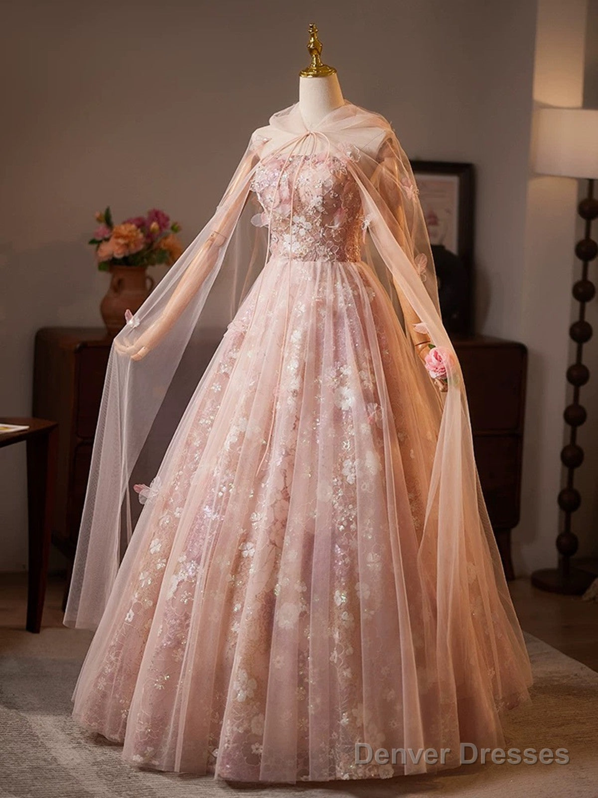 Pink Floral Lace Long Party Dress, A-Line Tulle Pink Formal Gown With Cape