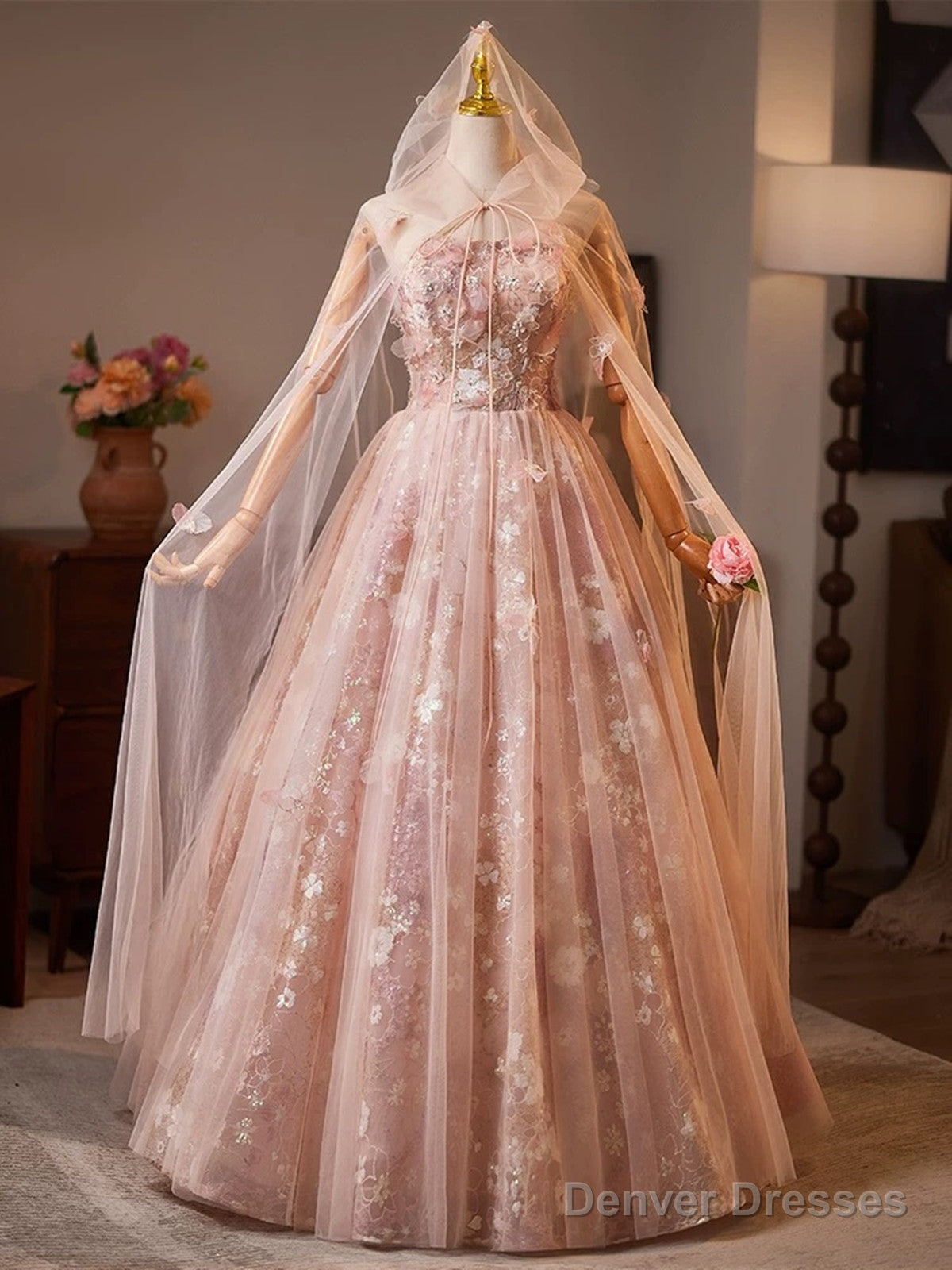 Pink Floral Lace Long Party Dress, A-Line Tulle Pink Formal Gown With Cape