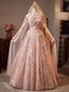 Pink Floral Lace Long Party Dress, A-Line Tulle Pink Formal Gown With Cape
