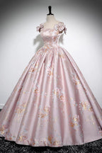 Pink Floral Satin Long Prom Dress, Beautiful A-Line Evening Dress With Bow