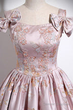 Pink Floral Satin Long Prom Dress, Beautiful A-Line Evening Dress With Bow