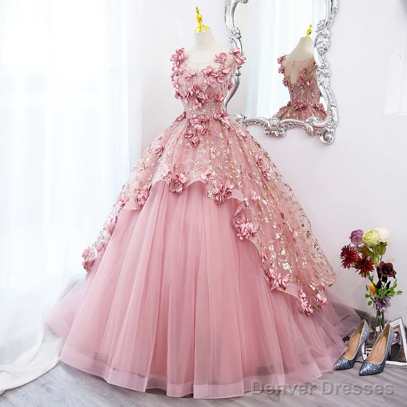 Pink Flowers Round Neckline Floor Length Sweet 16 Dress, Pink Long Formal Dress Main image