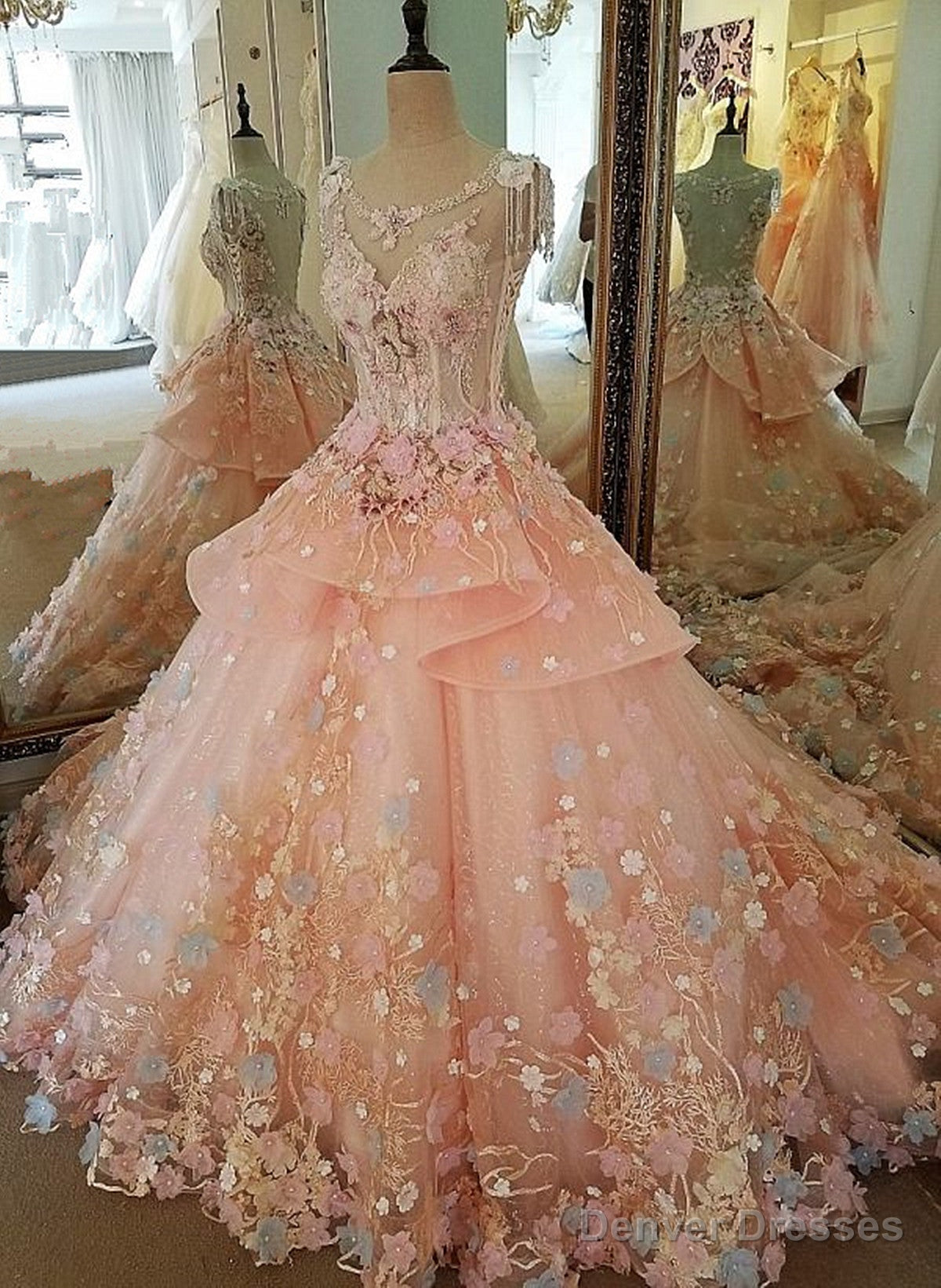 Pink Flowers Round Neckline Sweet 16 Dress, Pink Quinceanera Dress Main image