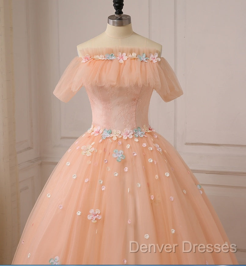Pink Flowers Tulle Off Shoulder Party Dress, Pink Tulle Sweet 16 Dress Secondary image