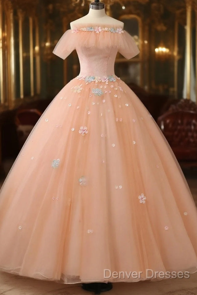 Pink Flowers Tulle Off Shoulder Party Dress, Pink Tulle Sweet 16 Dress Main image