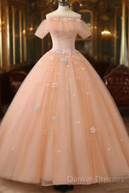 Pink Flowers Tulle Off Shoulder Party Dress, Pink Tulle Sweet 16 Dress