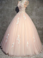 Pink Gorgeous Tulle And Lace Cap Sleeves Sweet 16 Dresses, Pink Formal Gown