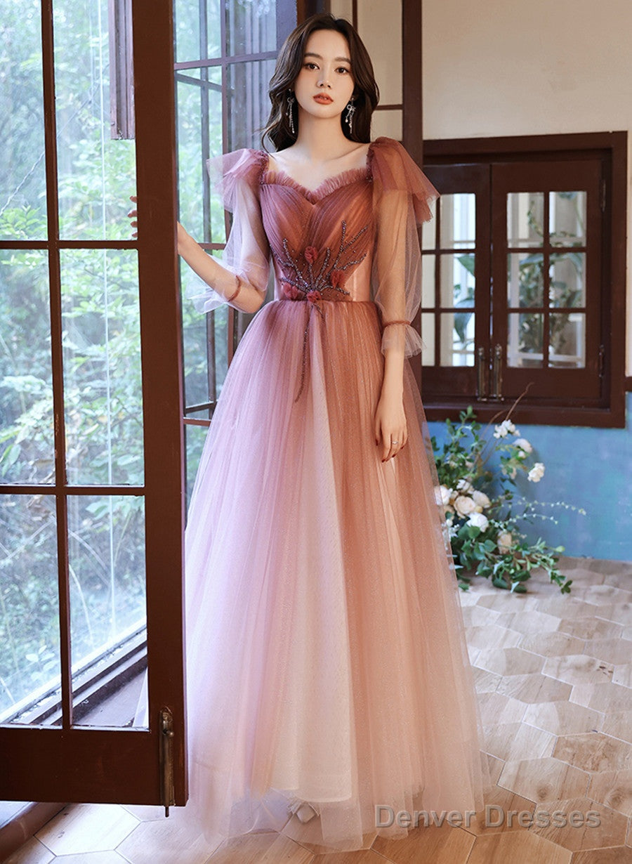 Pink Gradient Tulle A-Line Puffy Sleeves Party Dress, Pink Long Prom Dress Secondary image