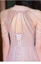 Pink Haler Tulle Beaded A-Line Prom Dress, Pink Tulle Evening Dress Party Dress