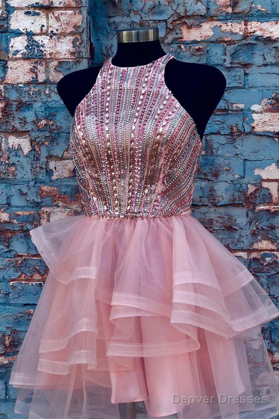 Pink Halter Beaded Short Homecoming Dress,Wedding Party Dresses Main image