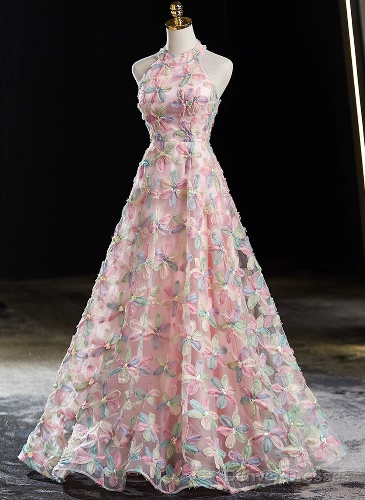 Pink Halter Lace A-line Floor Length Party Dress, Pink Lace Prom Dress Secondary image