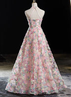 Pink Halter Lace A-line Floor Length Party Dress, Pink Lace Prom Dress