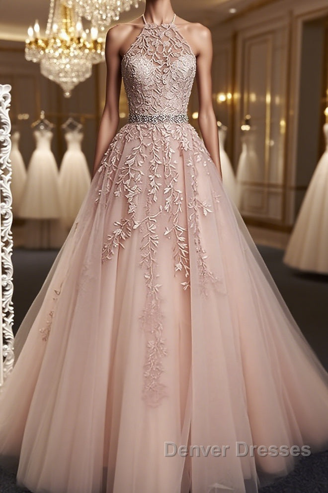 Pink Halter Neck Lace Prom Dress, Pink Halter Neck Long Lace Formal Evening Dress