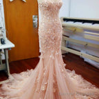 Pink Handmade Flowers Lace Appliques Sweetheart Strapless Sexy Mermaid Long Wedding Dresses,