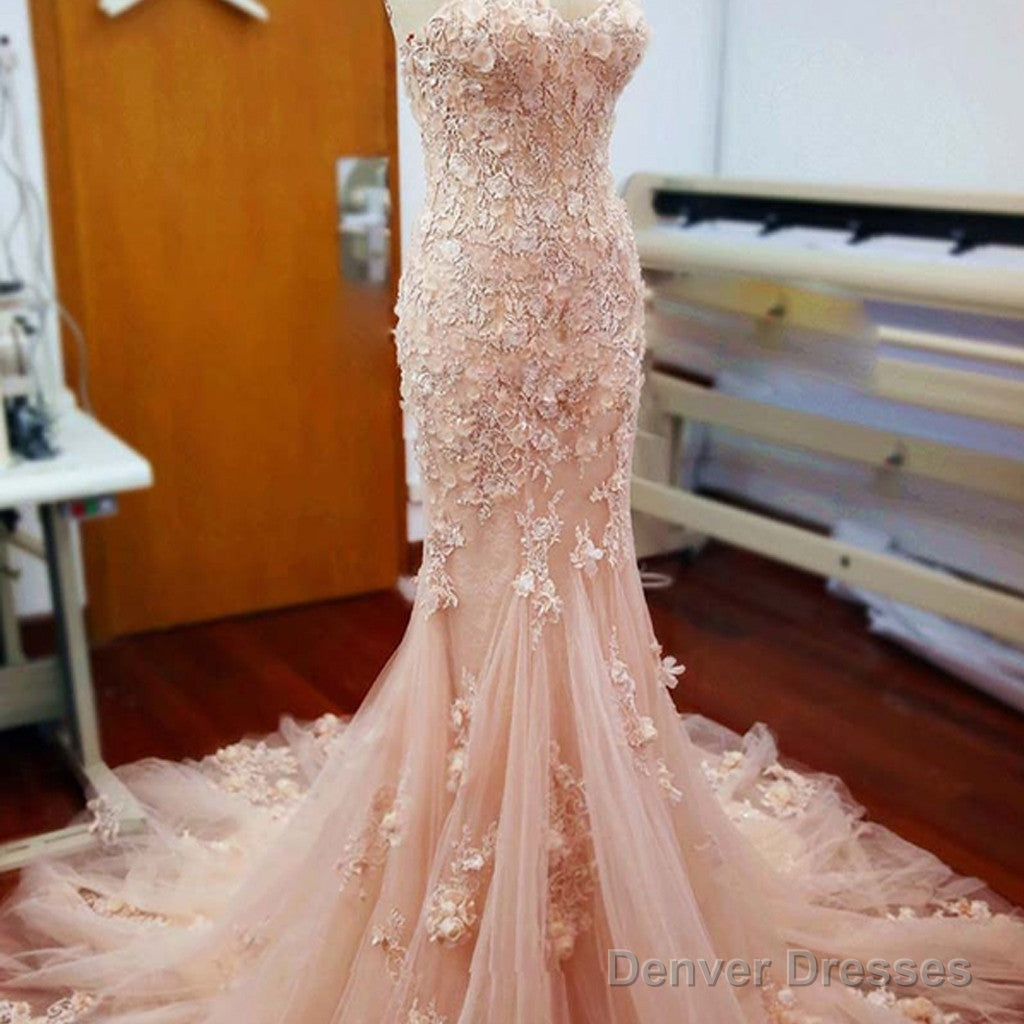 Pink Handmade Flowers Lace Appliques Sweetheart Strapless Sexy Mermaid Long Wedding Dresses,