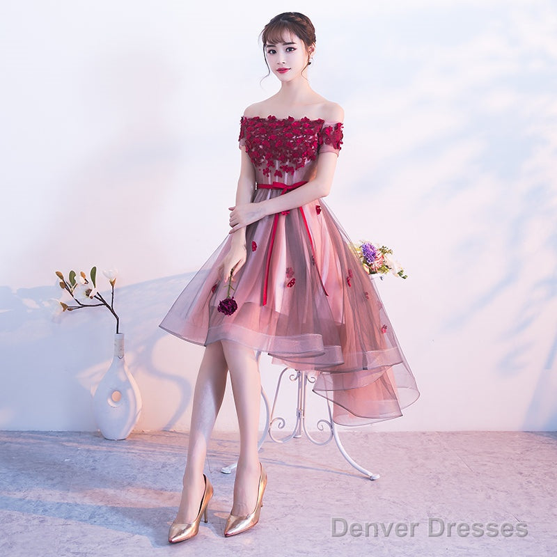 Pink High Low Tulle Party Dress With Flowers, Pink Homecoming Dresses