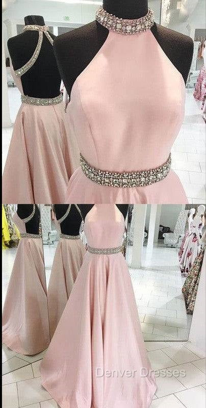 Pink High Neck Long Prom Dress, Pink Backless Evening Dress
