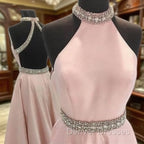 Pink High Neck Long Prom Dress, Pink Backless Evening Dress