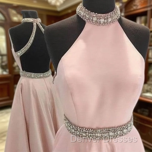 Pink High Neck Long Prom Dress, Pink Backless Evening Dress