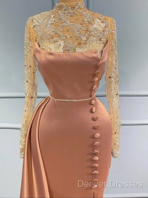 Pink High Neck Long Sleeves Sheer Beading Prom Formal Dress