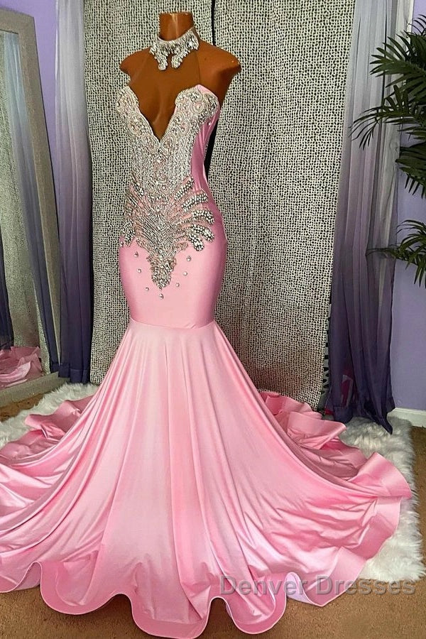 Pink High Neck Mermaid Beading Satin Prom Dress