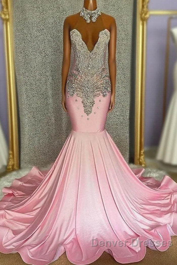 Pink High Neck Mermaid Beading Satin Prom Dress Main image