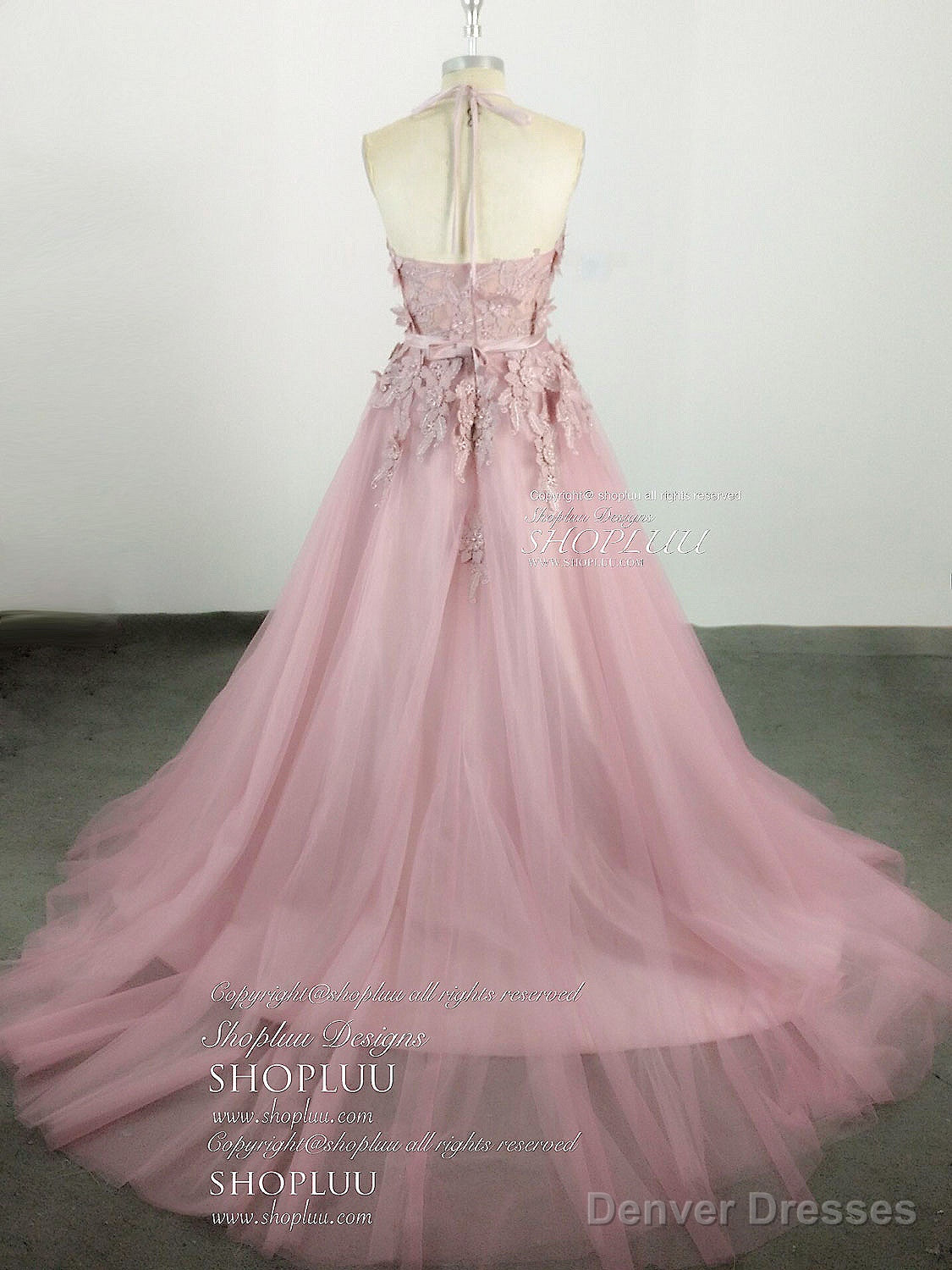 Pink High Neck Tulle Lace Applique Long Prom Dress, Pink Evening Dress Secondary image