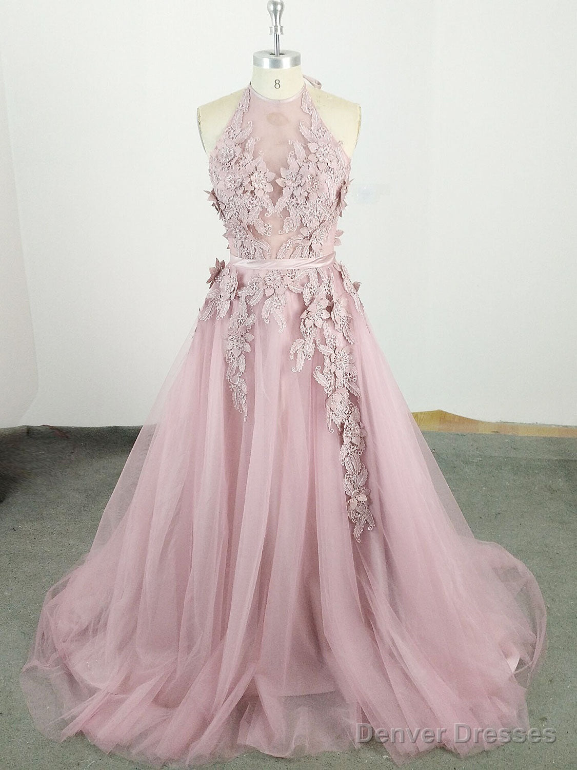 Pink High Neck Tulle Lace Applique Long Prom Dress, Pink Evening Dress Main image