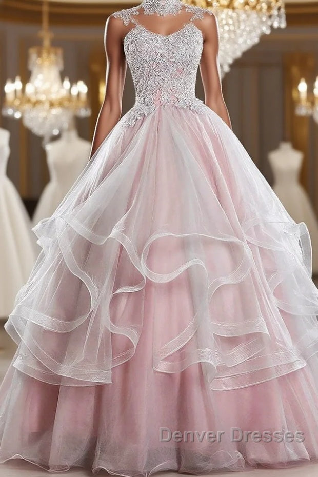 Pink high neck tulle lace long prom Dress, pink sweet 16 Dress Main image
