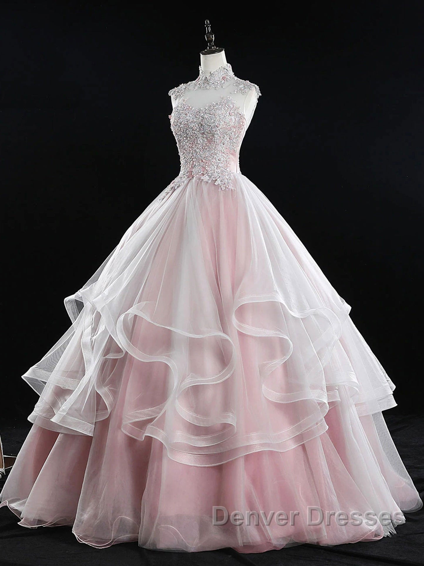 Pink high neck tulle lace long prom Dress, pink sweet 16 Dress Secondary image