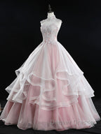 Pink high neck tulle lace long prom Dress, pink sweet 16 Dress