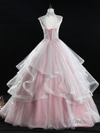 Pink high neck tulle lace long prom Dress, pink sweet 16 Dress