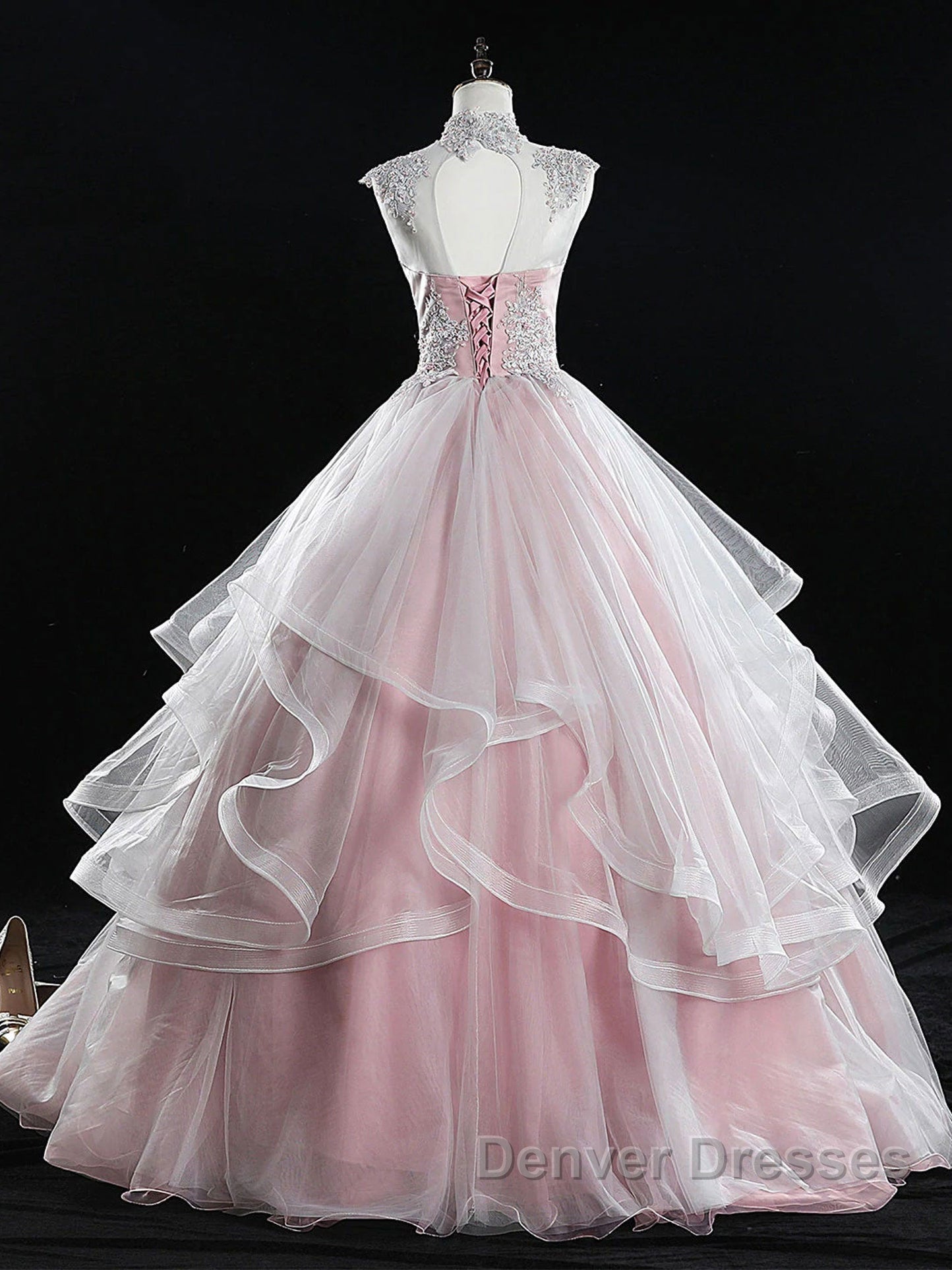 Pink high neck tulle lace long prom Dress, pink sweet 16 Dress