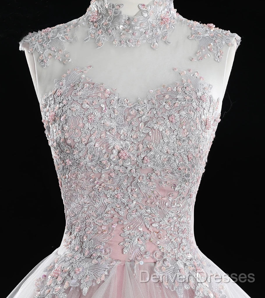 Pink High Neck Tulle Lace Long Prom Dress, Pink Sweet 16 Gown Secondary image