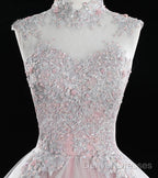Pink High Neck Tulle Lace Long Prom Dress, Pink Sweet 16 Gown