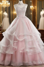Pink High Neck Tulle Lace Long Prom Dress, Pink Sweet 16 Gown