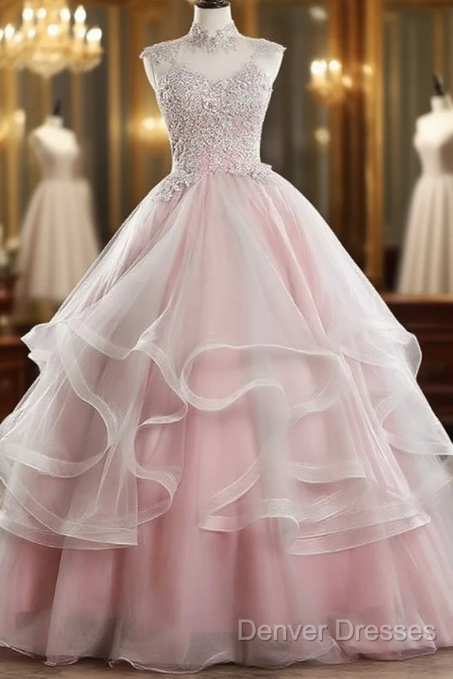 Pink High Neck Tulle Lace Long Prom Dress, Pink Sweet 16 Gown